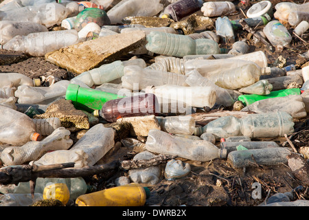 Inquinamento ambientale. Le bottiglie di plastica sulla discarica illegale Foto Stock