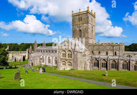 St David's Duomo con il Palazzo dei Vescovi dietro, St David's, Pembrokeshire, Wales, Regno Unito Foto Stock