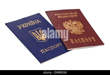 Ucraina e Russia passaporti isolato su sfondo bianco Foto Stock