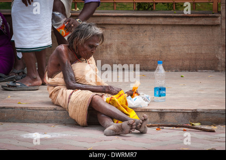 Sud India del Sud Tamil Nadu Madurai Minakshi Sundareshvara Shiva tempio indù parade grigio grigio pelose donna vecchia signora seduta Foto Stock