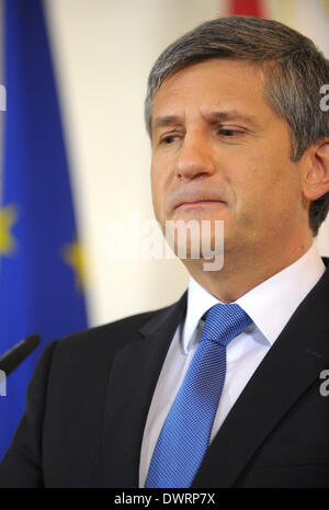 Vienna, Austria. Xii Mar, 2014. Ministro delle Finanze austriaco Michael Spindelegger partecipa a una conferenza stampa dopo una riunione del gabinetto di Vienna, la capitale dell'Austria, 12 marzo 2014. Il governo austriaco ha dato la luce verde Mercoledì per una rinnovata iniezione di fondi alla travagliata banca Hypo Alpe Adria, Kronen Zeitung ha riportato. © Qian Yi/Xinhua/Alamy Live News Foto Stock