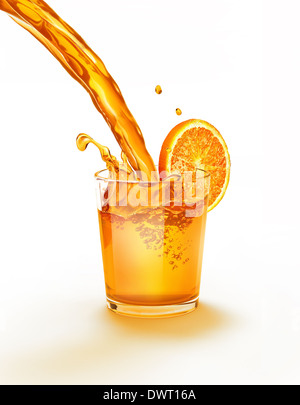 Succo di arancia versando in un bicchiere schizzi. Su una superficie bianca e sfondo bianco. Percorso di clipping incluso. Foto Stock