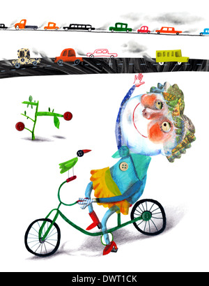 Immagine illustrativa della ragazza Bicicletta Equitazione con il traffico in background in rappresentanza di go green concept Foto Stock