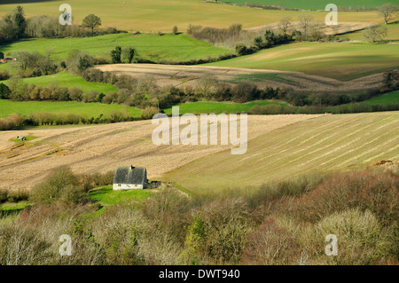 Piccolo vecchio casolare di campagna tra i campi di seguito Painswick Beacon Foto Stock