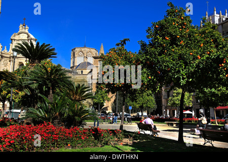 Una vista generale delle persone e rilassante andare circa la loro giornata nella Plaza de la Reina, Valencia, Spagna Foto Stock