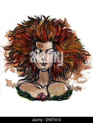 Illustrazione della giovane donna come Leo star sign su sfondo bianco Foto Stock