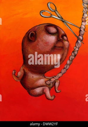 Illustrazione della nascita di bambini su sfondo rosso Foto Stock