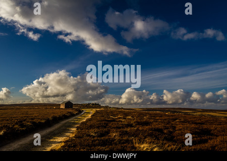 Bella brughiera vista di una capanna a Ilkley Moor, Wharfedale, nello Yorkshire, Regno Unito Foto Stock