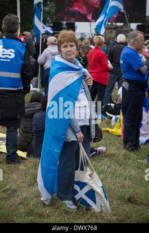 Una donna avvolta in una bandiera scozzese ascoltare discorsi durante un pro-indipendenza nel rally di Edimburgo nel 2013. Foto Stock