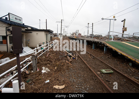 Stazione Rikuzen-Ono danneggiato dal Tsunami, Miyagi, Giappone Foto Stock