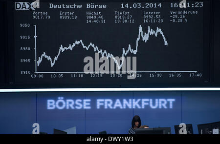 Francoforte sul Meno, Germania. Xiv Mar, 2014. Broker guardare i monitor presso la Borsa Valori di Francoforte sul Meno, Germania, 14 marzo 2014. Il tedesco DAX è andato al di sotto di 9 mila punti nel pomeriggio. Foto: BORIS ROESSLER/dpa/Alamy Live News Foto Stock