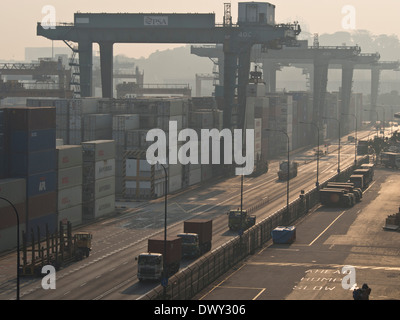 Camion al porto di Singapore contenitore terminale cargo, uno dei più trafficati porti di spedizione in tutto il mondo, gestito da PSA Foto Stock