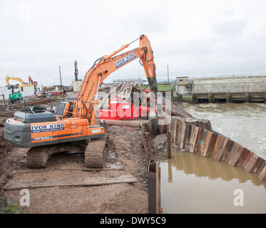 Lavori di ingegneria informatica sulle difese sul re Sedgemoor scaricare river a Dunball, vicino Bridgwater, Somerset, Inghilterra, Foto Stock