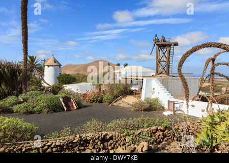 Mulino di animale e il mulino a vento in Museo Agricola El Patio museo agricolo su una fattoria del XIX secolo. Tiagua Lanzarote isole Canarie Foto Stock