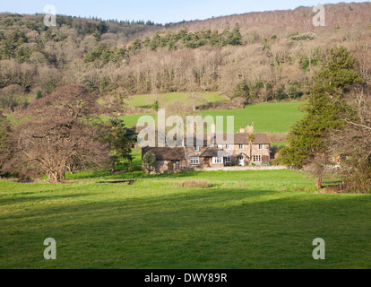 Exmoor podere immerso tra alberi brandire Street borgo, Selworthy, Somerset, Inghilterra Foto Stock