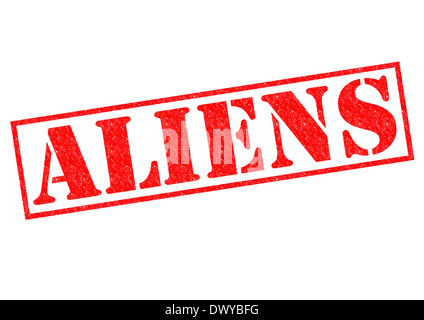 Gli alieni rosso timbro di gomma su uno sfondo bianco. Foto Stock