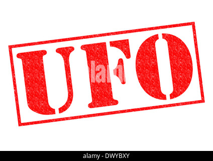 UFO rosso timbro di gomma su uno sfondo bianco. Foto Stock