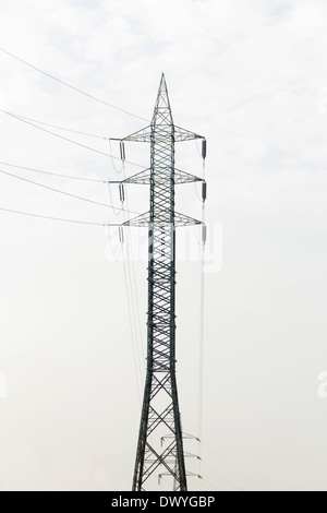 Pilone di elettricità e linee di alimentazione nella parte anteriore del cielo nuvoloso Foto Stock