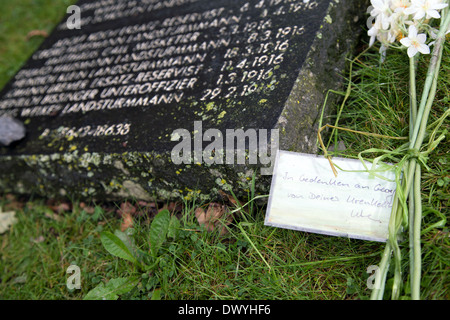 Contrassegnare Lange, Belgio, grave lastra di un caduto al cimitero militare tedesco Lange Mark Foto Stock