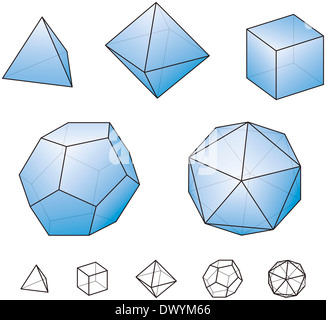 Solidi platonici con superfici di blu - regolari, poliedri convessi in geometria euclidea Foto Stock