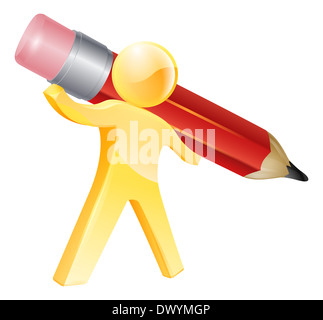 Una illustrazione di una persona in oro la scrittura con una matita gigante Foto Stock
