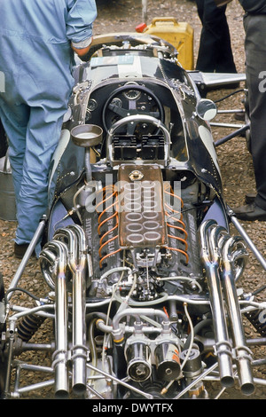 Vista ravvicinata del motore di Dan Gurney's Eagle Weslake F1 grand prix car. Foto Stock