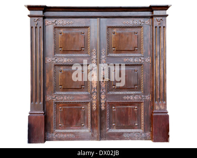 Vintage porta di ingresso arredata con letti in ferro battuto, isolato su bianco Foto Stock