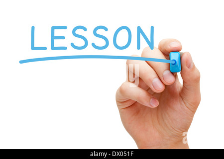 La scrittura a mano lezione con marcatore blu su trasparente scheda di pulizia. Foto Stock