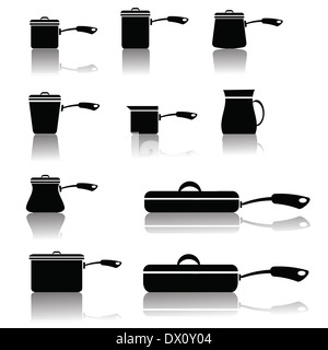 Illustrazione con set di pentole e padelle per la progettazione Foto Stock