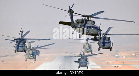 Sei US Army UH-60L i falchi nero e due CH-47F Chinooks elicotteri, assegnato alla Task Force Brawler lanciare contemporaneamente a giorno di missione Gennaio 18, 2013 dalla base multinazionale Oggi Tarin Kowt, Afghanistan. Foto Stock