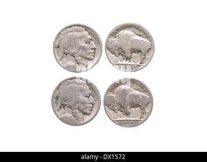 Indian Head buffalo nickels fronte retro isolato su bianco Foto Stock