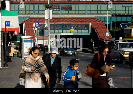 Tipico paesaggio nel Bronx con la metropolitana sopraelevata in background. Il Bronx è un quartiere della città di New York Foto Stock