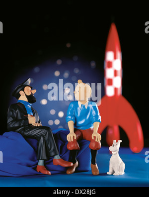 Figurine mostra il personaggio dei cartoni animati, il Capitano Haddock ,Tintin e il suo cane Snowy, Foto Stock