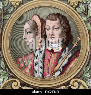 Re Cattolici, Isabella I (1451-1504) e Ferdinando II (1452-1516). Incisione. Colorati. Foto Stock