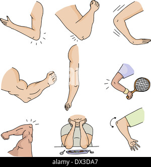 Serie di gomiti umano isolato su sfondo bianco Foto Stock