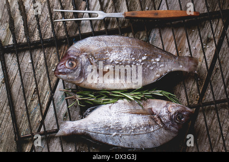 Vista dall'alto sul traino pesce crudo orate con rosmarino e sale marino sulla griglia sopra il vecchio tavolo in legno. Foto Stock