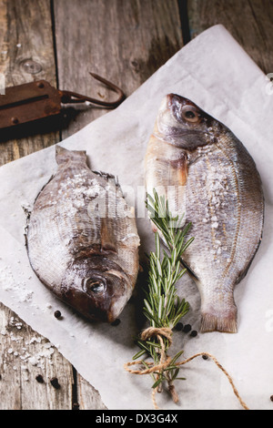 Traino di pesce crudo orate con rosmarino e sale marino server sul libro bianco su un vecchio tavolo di legno. Foto Stock