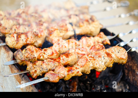 Alla griglia marinati caucaso barbecue spiedini di carne (shish kebab) carne di maiale grigliare su spiedino di metallo, close up Foto Stock