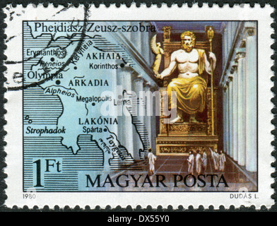 Ungheria - circa 1980: francobollo stampato in Ungheria, mostra la Statua di Zeus ad Olimpia, da Pheidias, circa 1980 Foto Stock