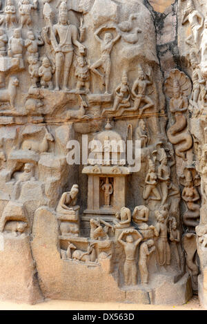 Discesa del Gange, bassorilievo, dettaglio, Mamallapuram, Tamil Nadu, India Foto Stock