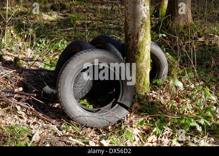 Vecchia auto pneumatici in una foresta, Baviera, Germania Foto Stock