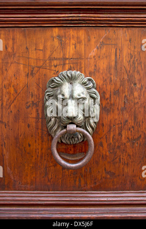 Porta vecchia maniglia knoker sotto forma di una testa di leone su una porta di legno Foto Stock