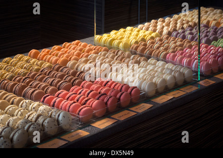 Un display di vario amaretti (Francia). Concetto di zucchero. Présentation de macarons variés (Francia). Foto Stock