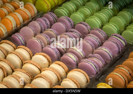 Un display di vario amaretti (Francia). Concetto di zucchero. Présentation de macarons variés (Francia). Foto Stock