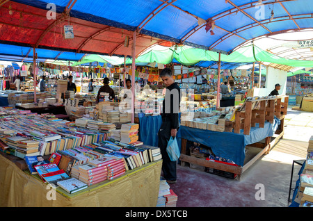 L uomo accede libri all aria aperta prenota stallo nella Domenica Bazaar Karachi in Pakistan Foto Stock