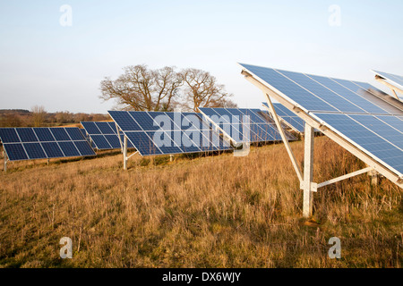 Solar array di pannelli fotovoltaici in campagna a Bromeswell, Suffolk, Inghilterra Foto Stock