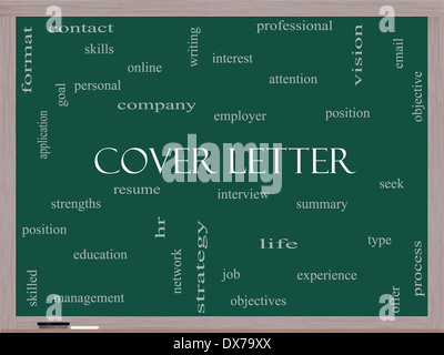 Cover Letter Word Cloud concetto su una lavagna con grande termini come intervista, riprendere, di riepilogo e di più. Foto Stock