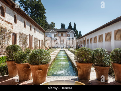 La Corte de la Acequia o acqua nel giardino del palazzo del Generalife nell'Alhambra Granada Spagna Foto Stock