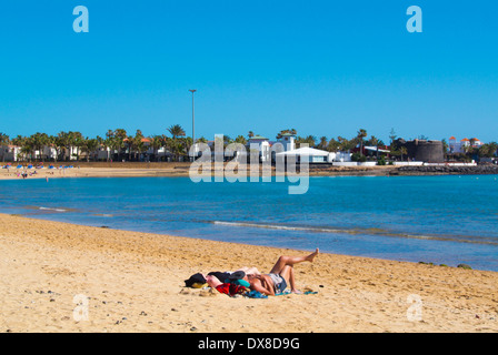 La Playa El Castilo spiaggia principale, a Caleta de Fuste, Fuerteventura, Isole Canarie, Spagna, Europa Foto Stock