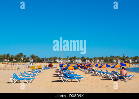 La Playa El Castilo spiaggia principale, a Caleta de Fuste, Fuerteventura, Isole Canarie, Spagna, Europa Foto Stock